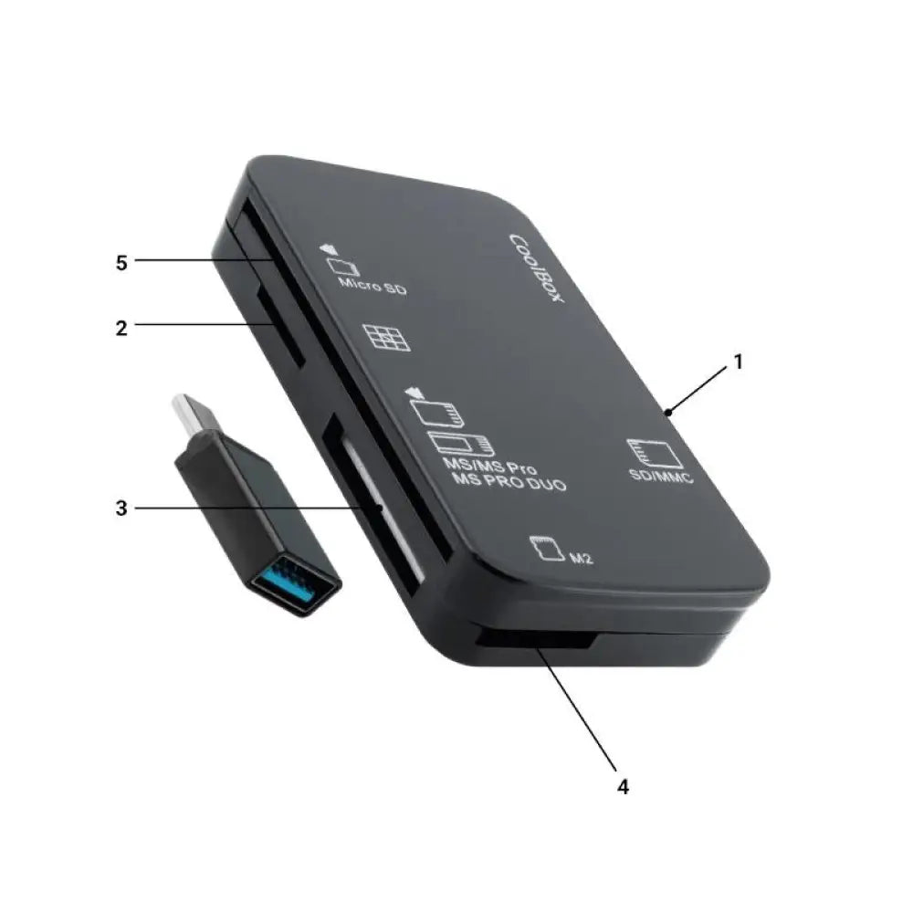 Lector de tarjetas chip Coolbox CRE4 DNIE/TARJETAS EXT.+ adaptador USB-C, en color blanco con botones y puertos visibles