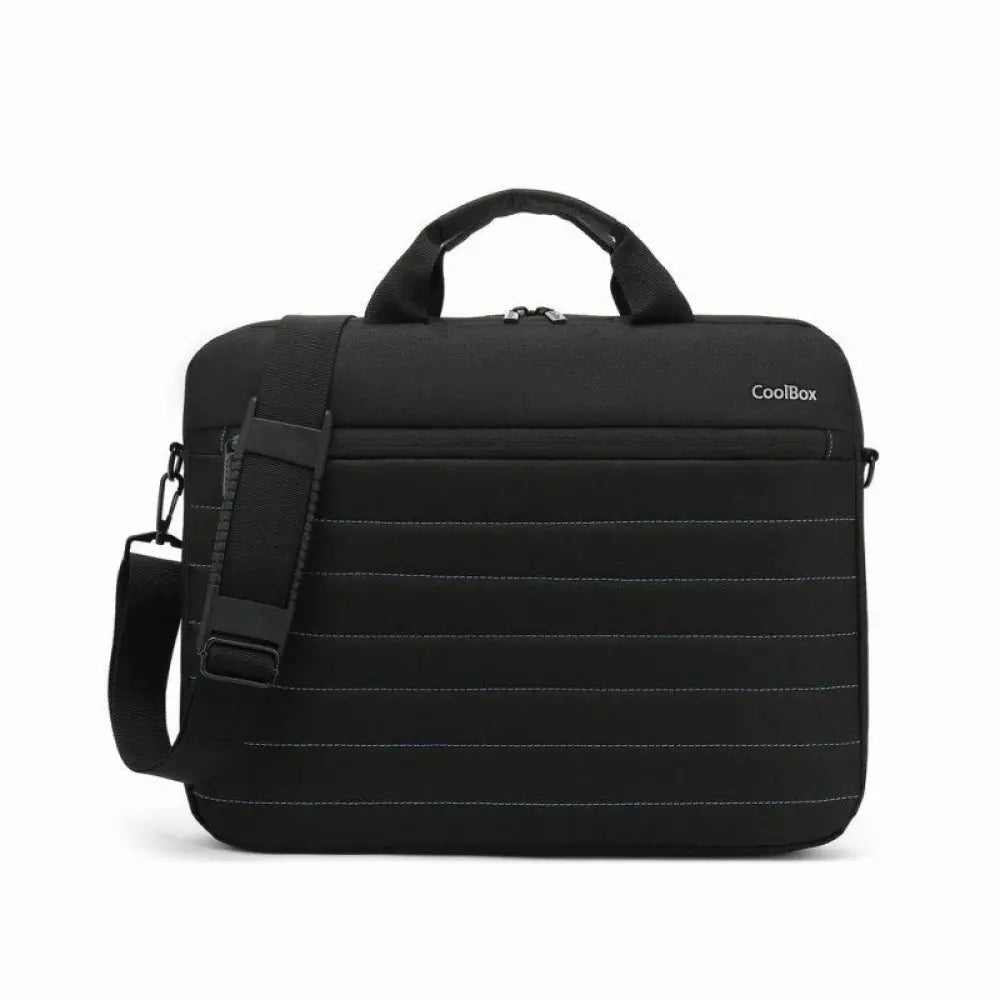 Maletín portátil negro de 15.6" COOLBOX, resistente al agua, ideal para transporte seguro de laptops y accesorios.