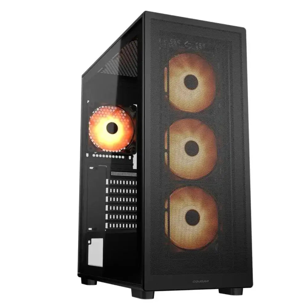 Caja semitorre Cougar MX220 RGB negra, con ventana lateral y componentes internos visibles, diseñada para PCs gaming y rendimiento.