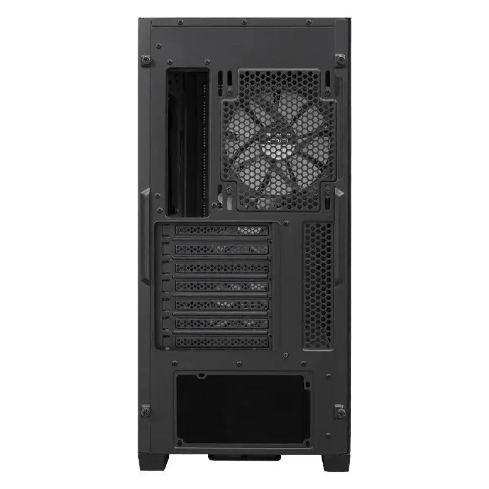 Caja semitorre Cougar Uniface RGB negra, vista frontal con panel lateral transparente y ventiladores iluminados en RGB.