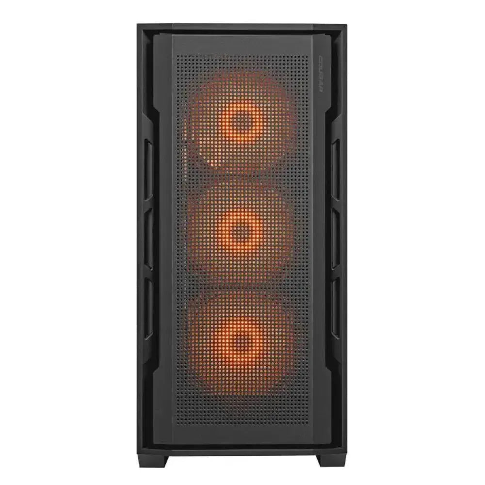 Caja semitorre Cougar Miditorre Uniface RGB negra, estructura de metal con panel lateral transparente y ventilación avanzada.