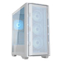 Caja semitorre Cougar Uniface RGB blanca con diseño moderno y ventilación, ideal para montar componentes de PC.