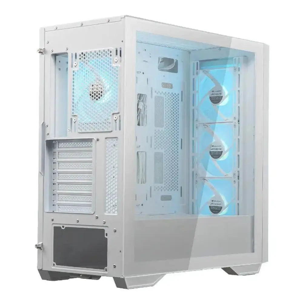Caja Cougar miditorre uniface RGB blanca, semitorre con diseño moderno y ventilación, ideal para componentes de PC gaming.