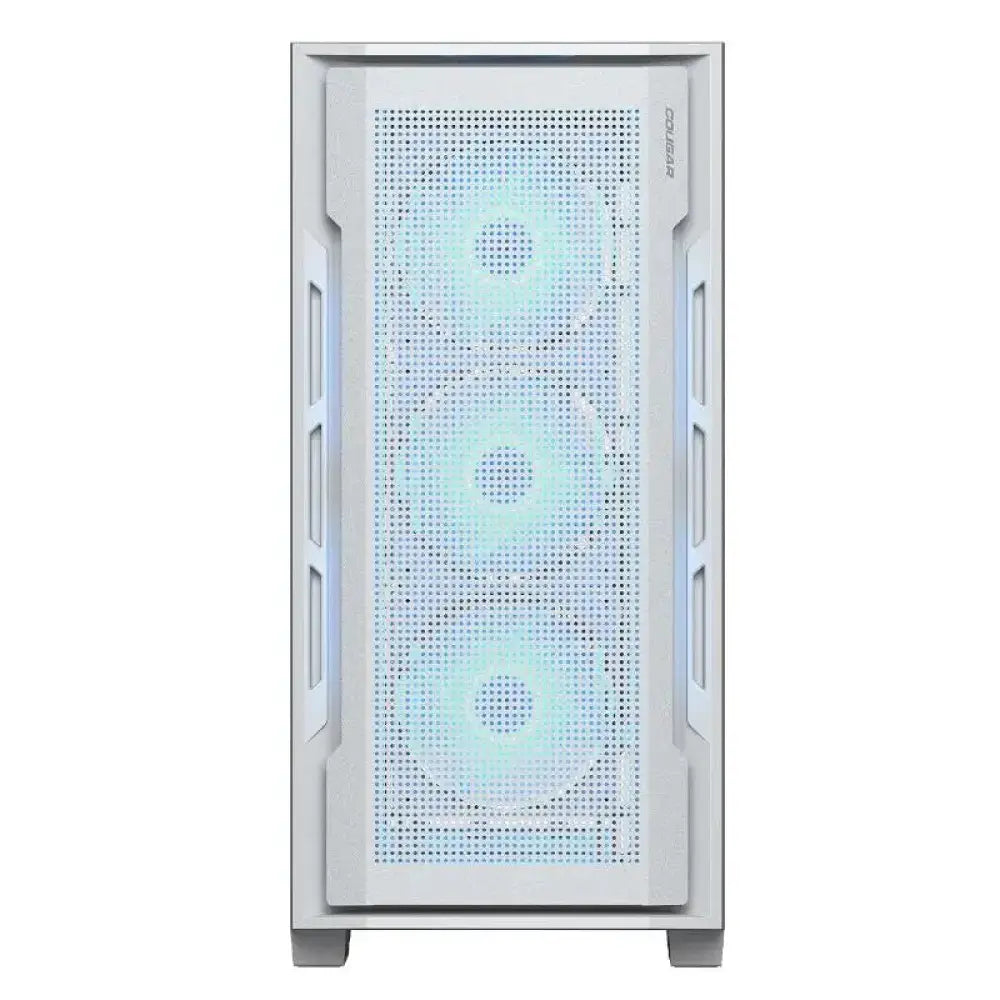 Caja miditower Cougar Uniface RGB blanca, semitorre con diseño moderno y ventilación, ideal para montaje de PC gaming.