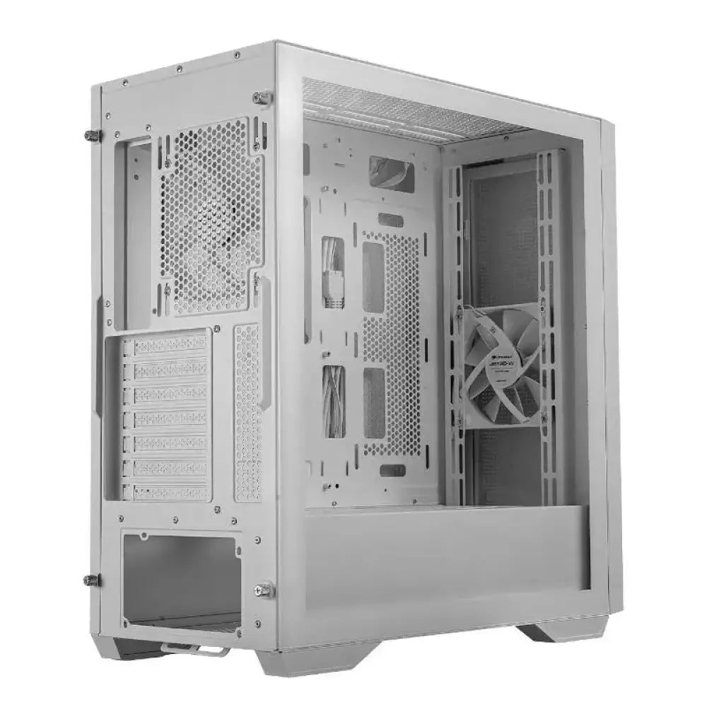 Caja miditorre Cougar Uniface blanca, semitorre de diseño moderno con ventilación y espacio para componentes en la imagen.