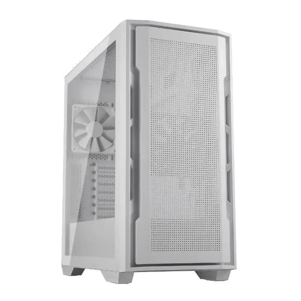 Caja miditower Cougar Uniface blanca, semitorre de diseño compacto y moderno, con ventilación y espacio para componentes de PC.