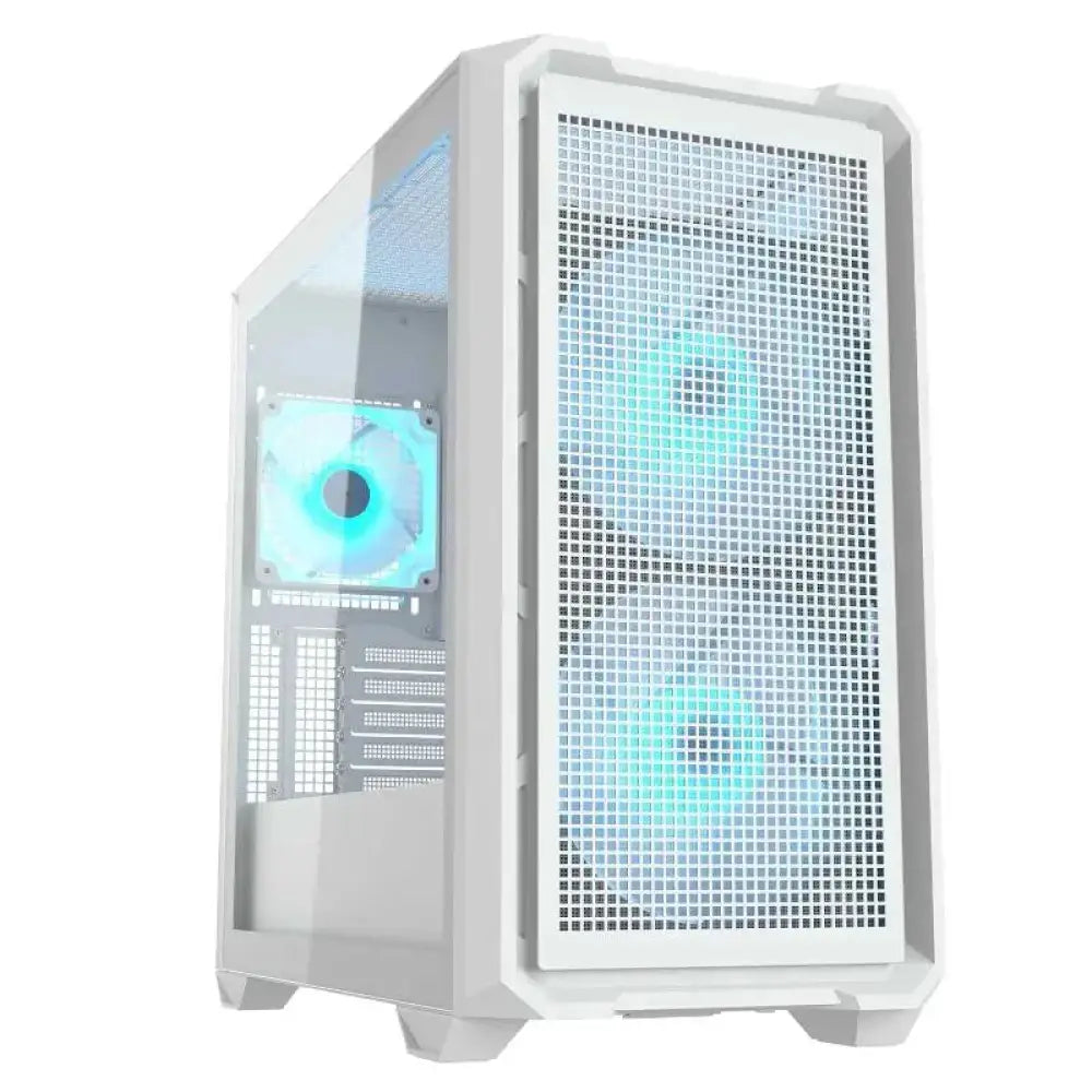 Caja minitorre Cougar MX600 Mini con diseño RGB blanco, ideal para montar PC con estilo y ventilación eficiente.
