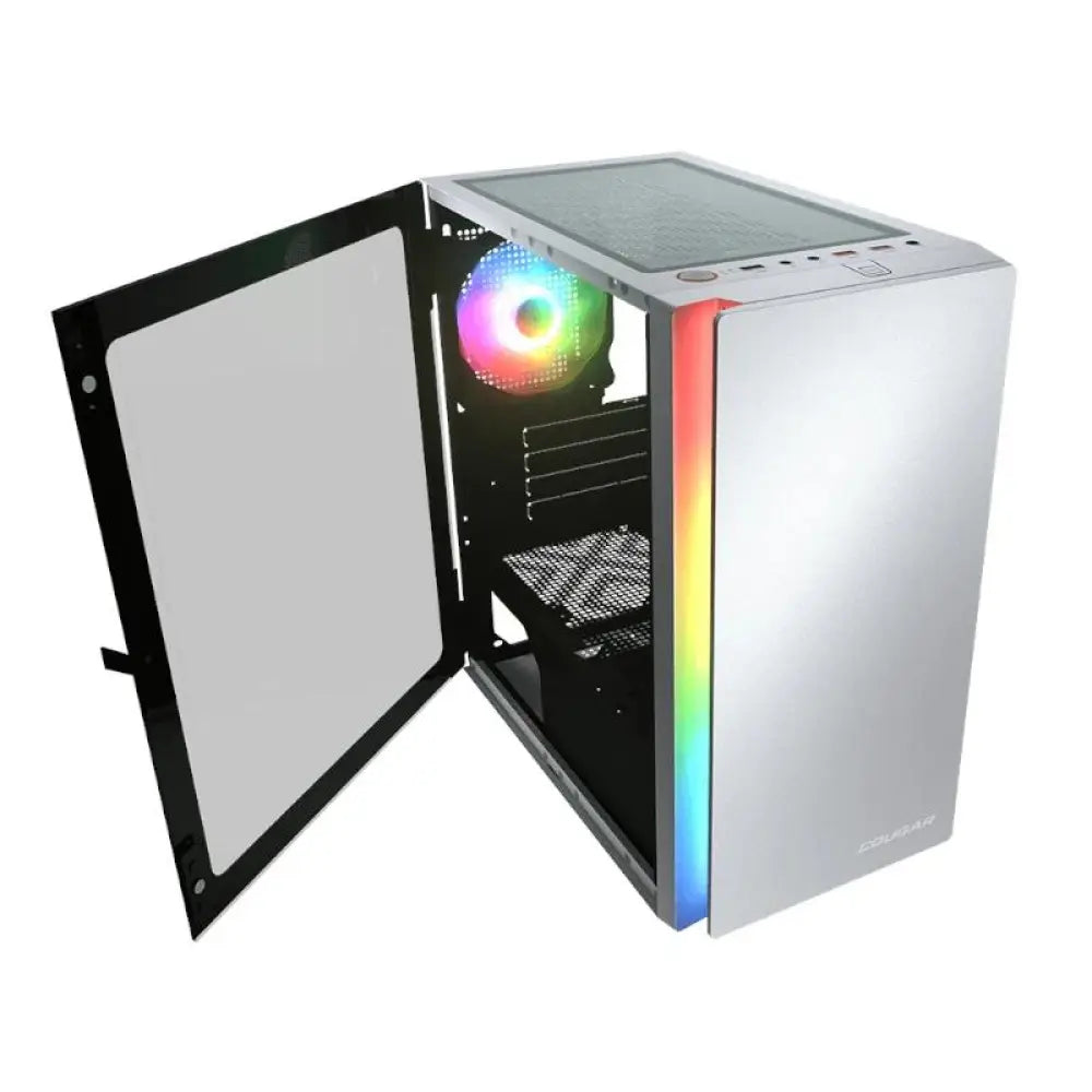 Caja minitorre Cougar Purity RGB blanca, diseño elegante y moderna para componentes de PC en microtorre.