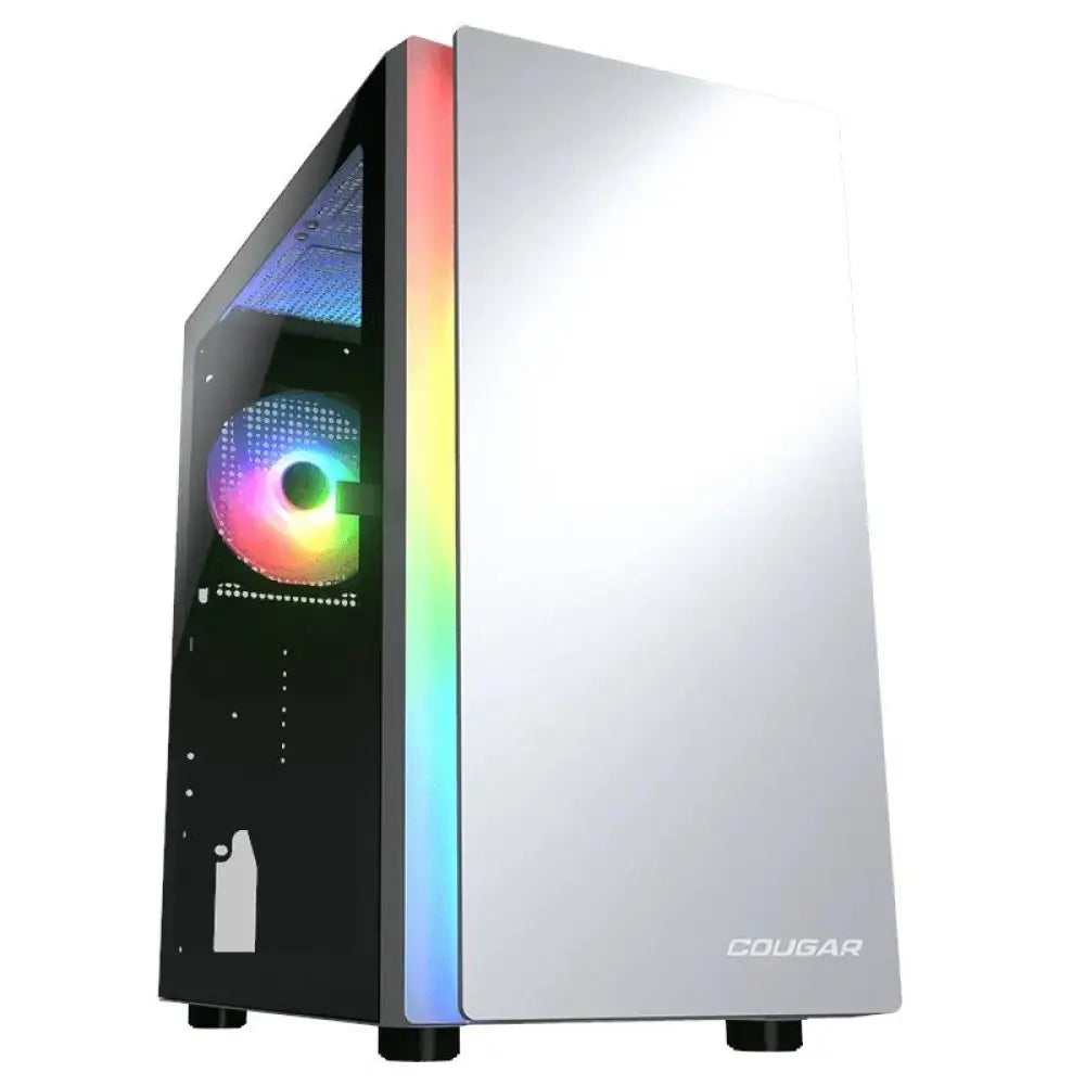 Caja minitorre Cougar Purity RGB blanca, estructura moderna y ventilación eficiente para PC gaming y componentes.