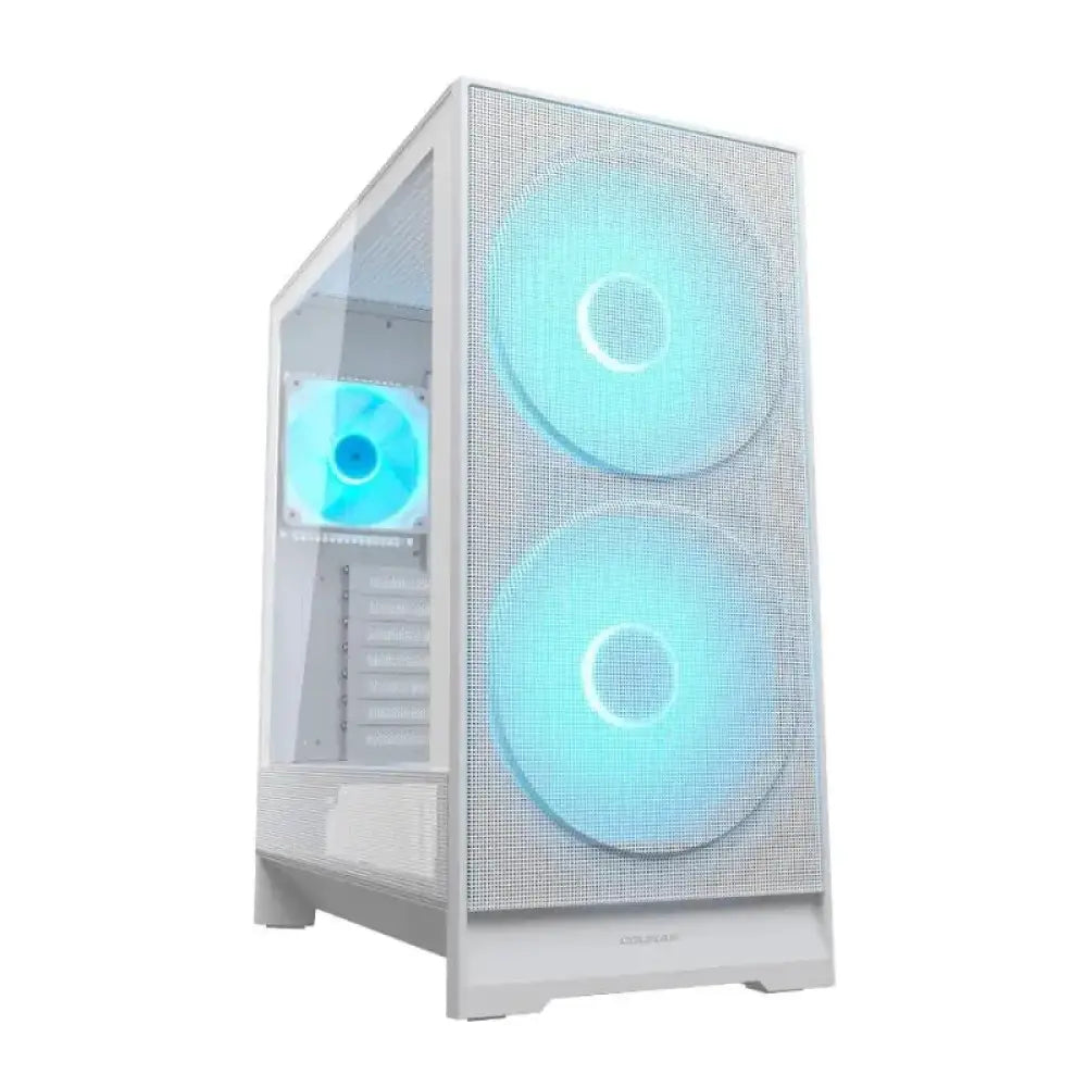 Caja semitorre Cougar Airface 180 blanca, estilo moderno, con ventilación y espacio para componentes de PC.