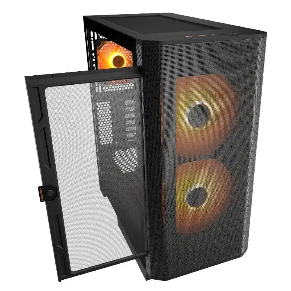 Caja semitorre Cougar Airface Flo RGB en color negro, con diseño moderno y ventilación para componentes de PC.