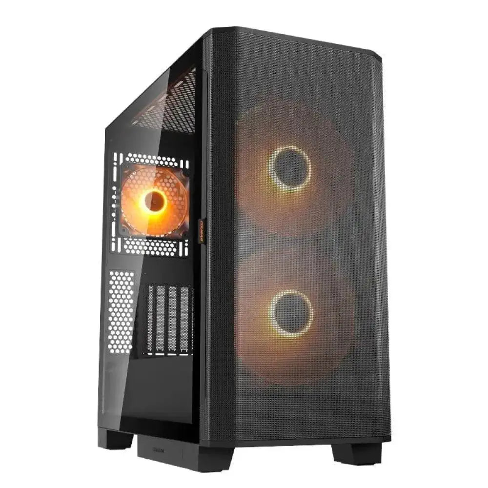 Caja semitorre Cougar AirFace Flo RGB negra, diseño moderno y ventilación avanzada para componentes de PC gaming.