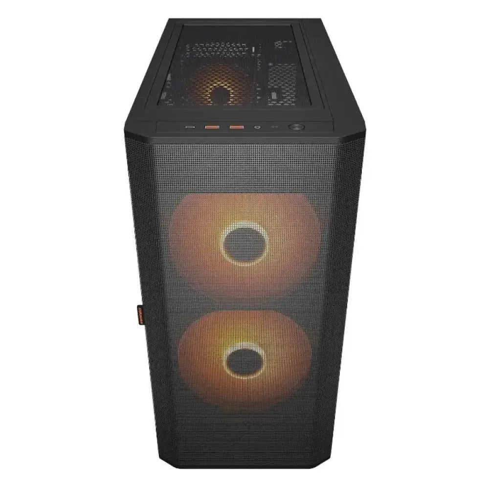 Caja semitorre Cougar Airface Flo RGB negra, vista frontal con ventiladores y diseño moderno para componentes de PC.