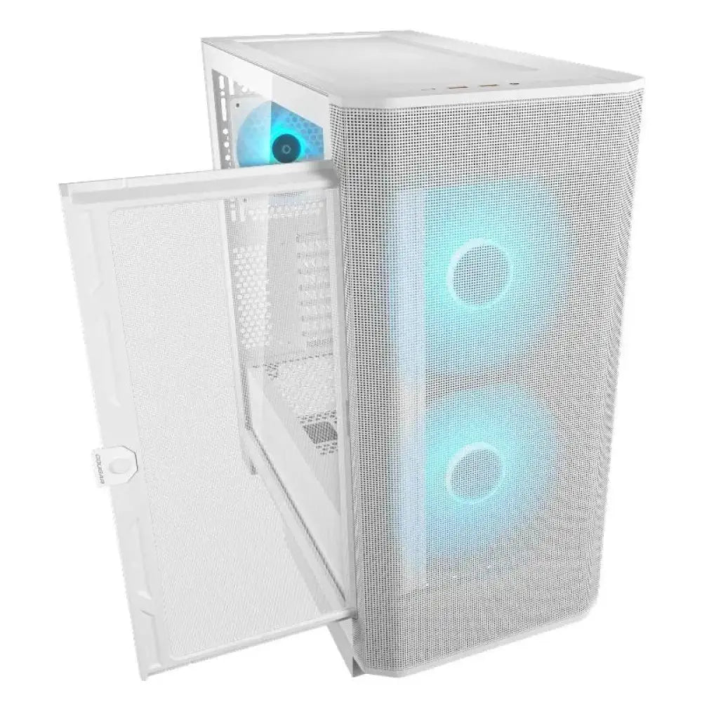 Caja semitorre Cougar Airface Flo RGB blanca, con diseño moderno y ventilación eficiente para componentes de PC gaming.
