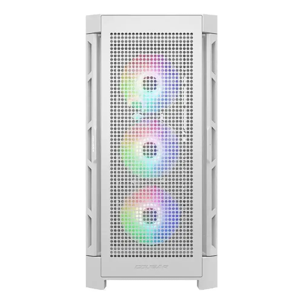 Caja semitorre Cougar Airface Pro RGB blanca, con ventiladores LED y diseño moderno para ensamblajes de PC gaming.