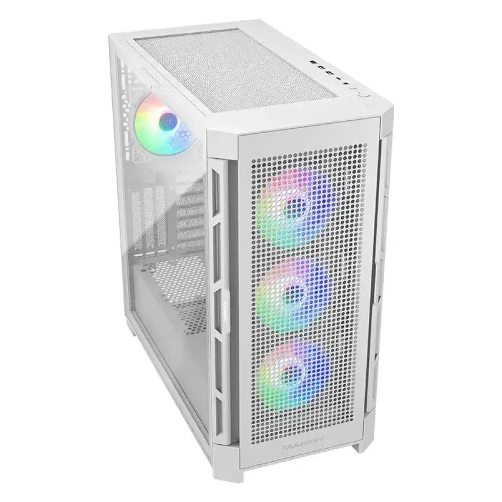 Caja semitorre Cougar Airface Pro RGB blanca, diseñada para componentes de PC con iluminación RGB y ventilación eficiente.