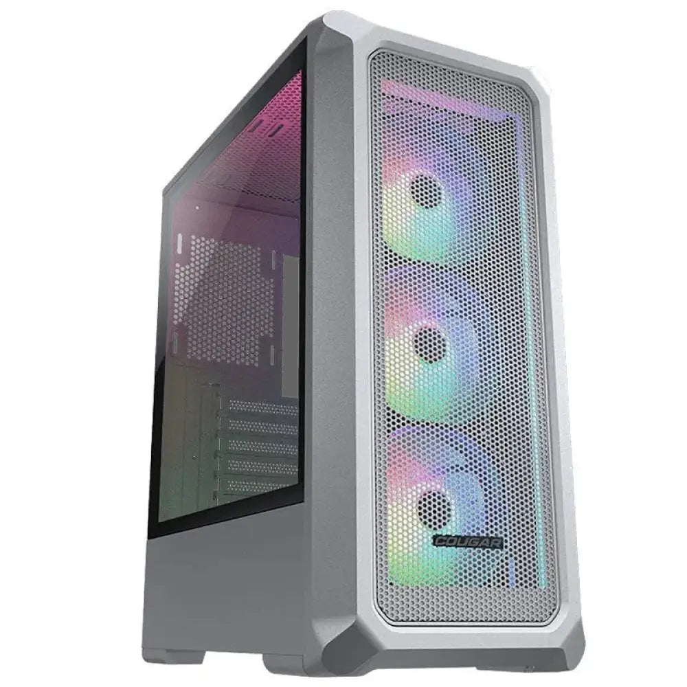 Caja semitorre Cougar Archon 2 Mesh RGB blanca para PC, con panel lateral de malla y diseño elegante.