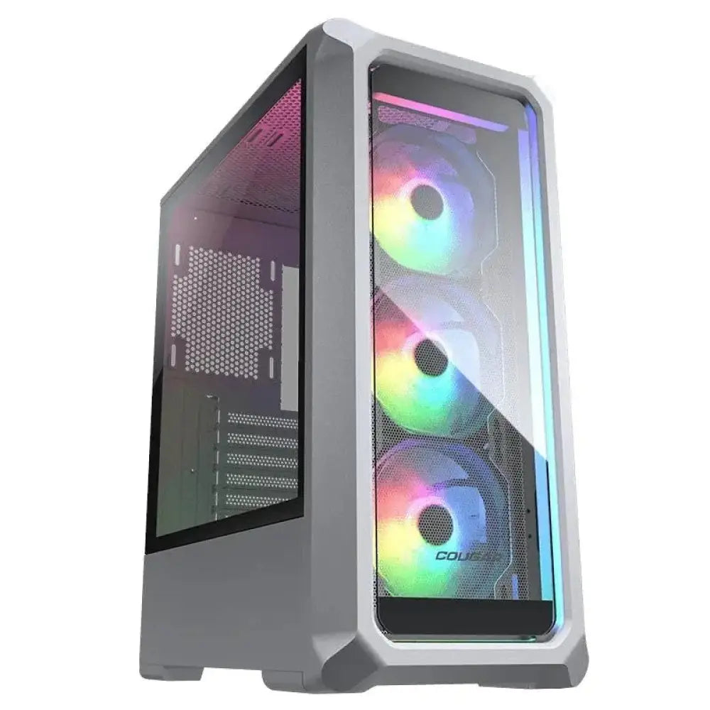 Caja semitorre Cougar Archon 2 RGB blanca, con diseño moderno y ventilación, ideal para montaje de PC gaming.