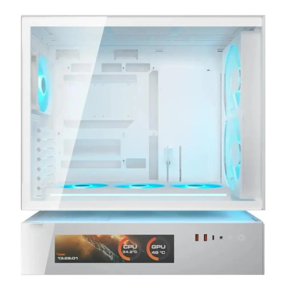 Gabinete semitorre Cougar CFV235 Mesh Vision en color blanco con panel lateral de malla y diseño moderno para PC gaming.