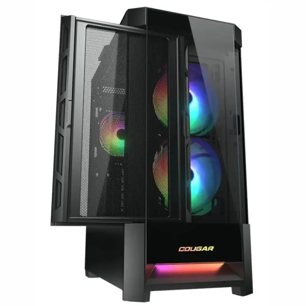 Caja semitorre Cougar Duoface RGB, con diseño moderno y ventilación, ideal para montar PC gaming y componentes de alto rendimiento.
