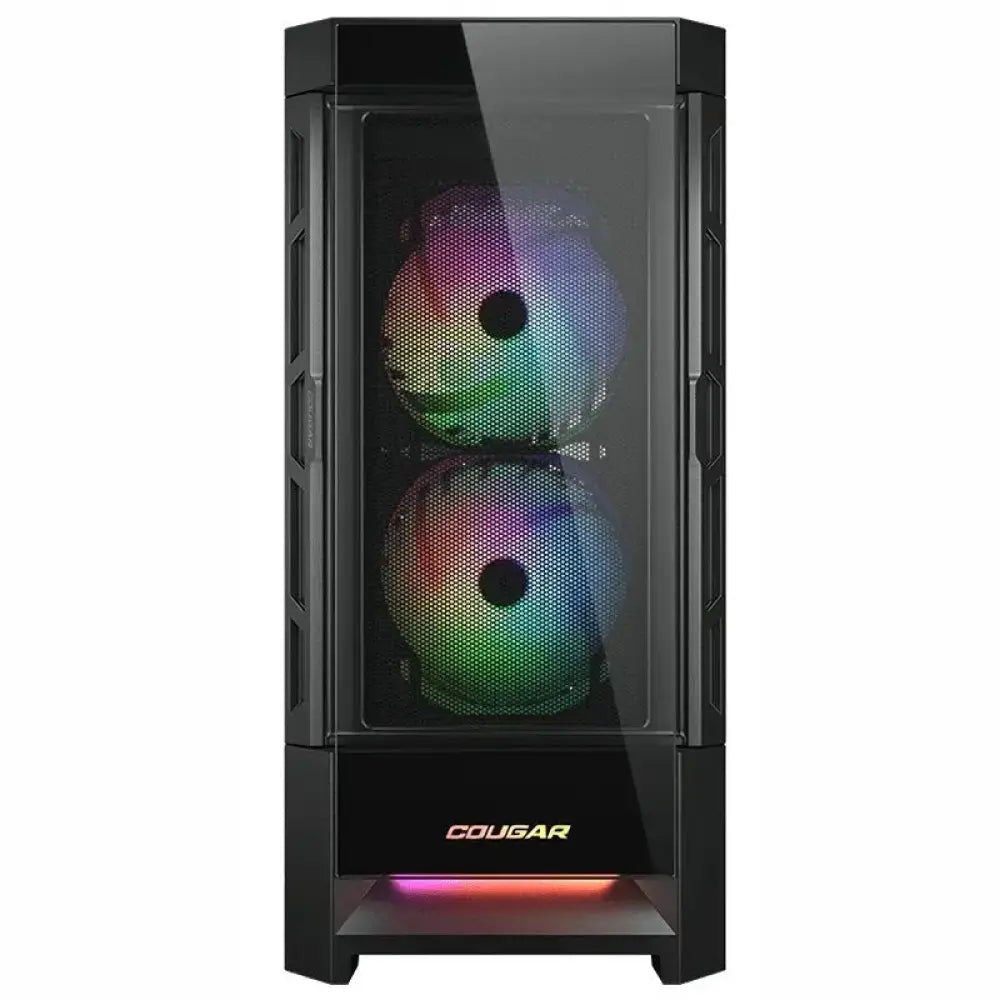 Caja semitorre Cougar Duoface RGB, con diseño elegante y ventilación, ideal para montar PC gaming y componentes de alto rendimiento.