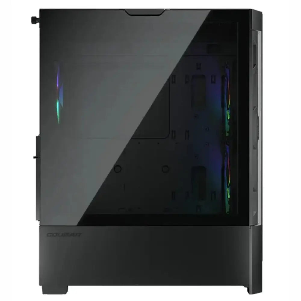 Caja semitorre Cougar Duoface RGB y miditorre, diseño compacto con iluminación RGB y ventilación eficiente.