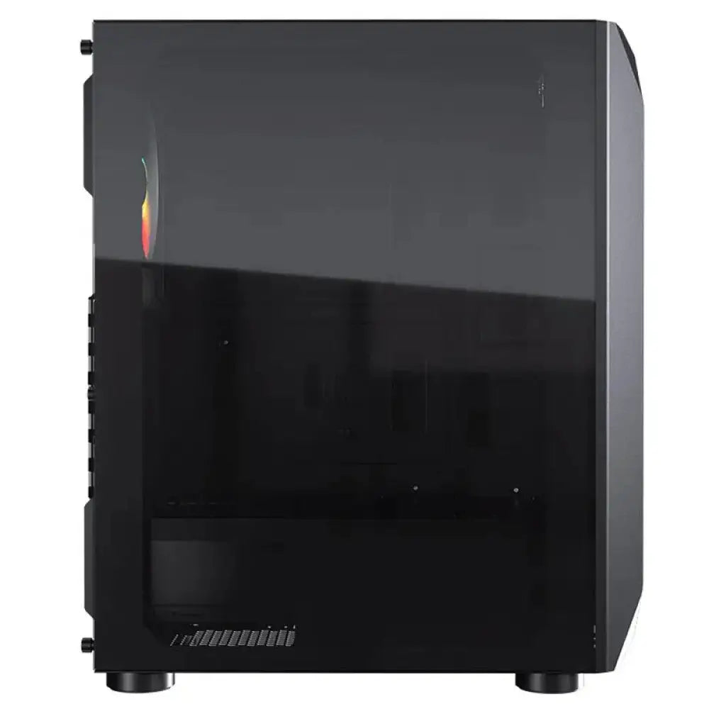 Caja semitorre Cougar MX410 Mesh-G Rgb, estructura de metal negro con ventilación y panel lateral de malla para enfriamiento.