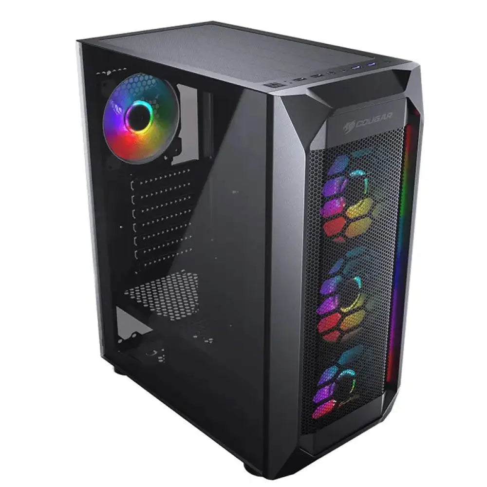Caja semitorre Cougar MX410 Mesh-G con ventilación de malla y efectos RGB, ideal para ensamblajes de PC gaming.