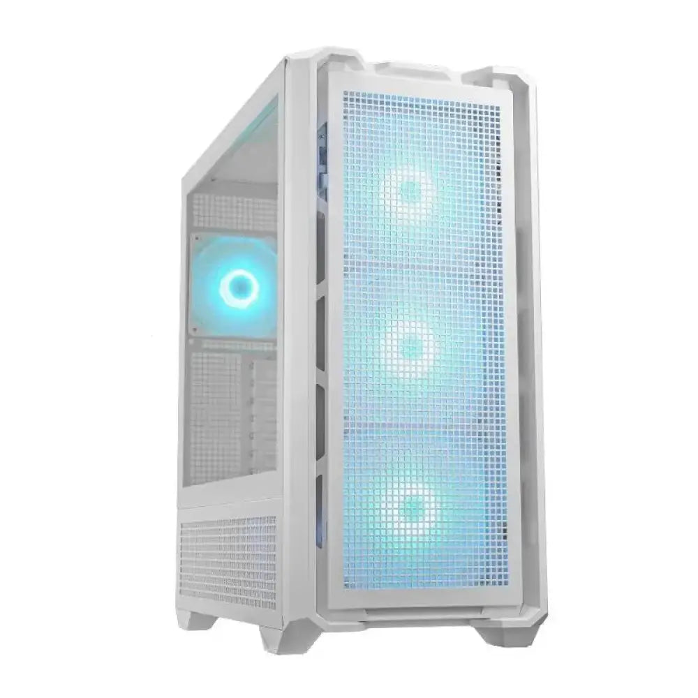 Caja semitorre Cougar MX600 RGB blanca, con diseño moderno y ventilación para componentes de PC gaming.