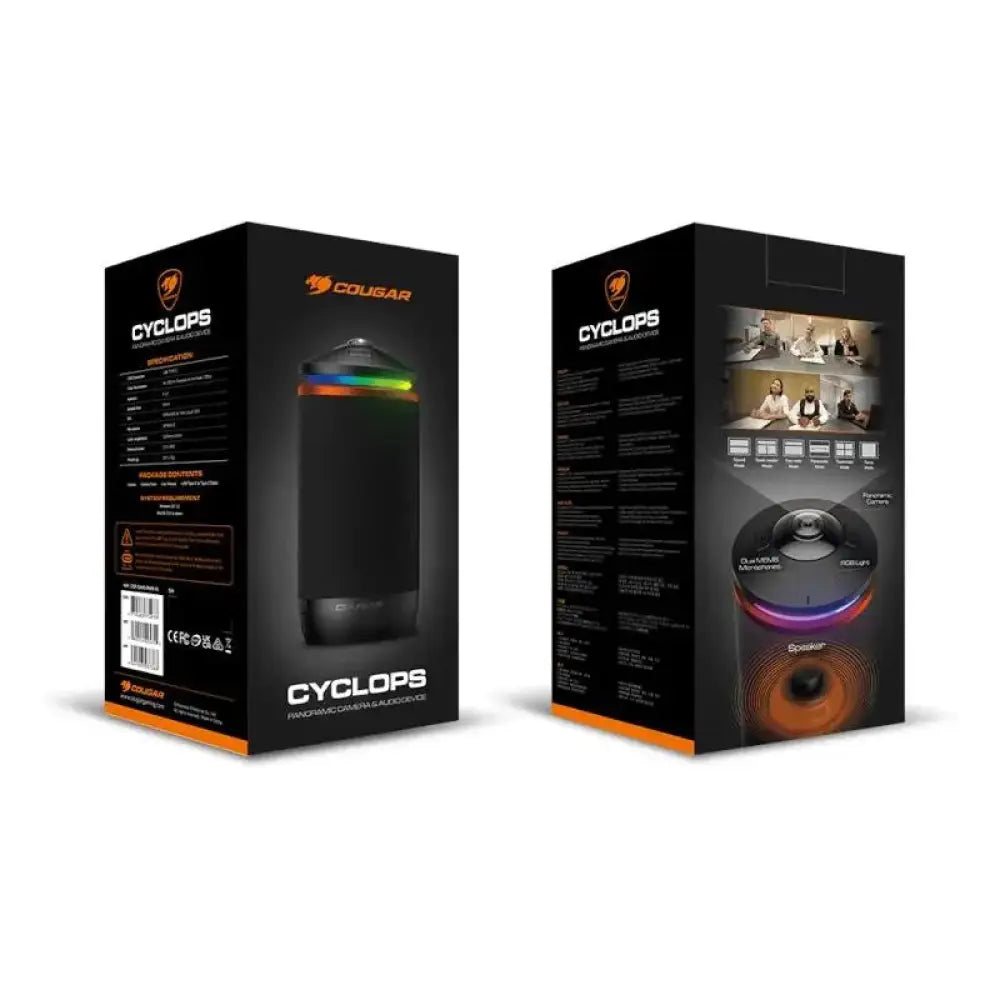 Cámara web Cougar Cyclops panorámica en color negro, con lente amplio y diseño moderno para videollamadas y streaming.