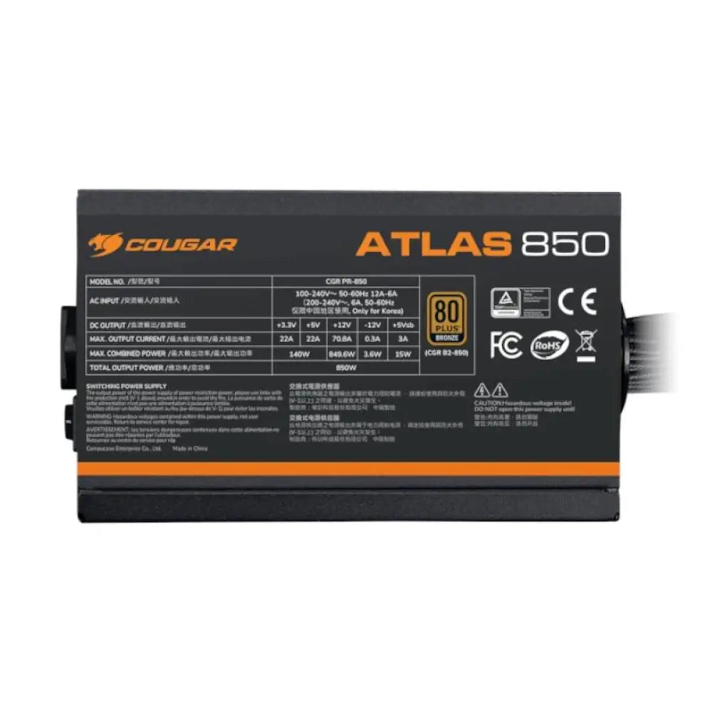 Fuente de alimentación Cougar ATLAS 650W 80+ Bronze con conector de 24 pines, diseñada para PCs de alto rendimiento.