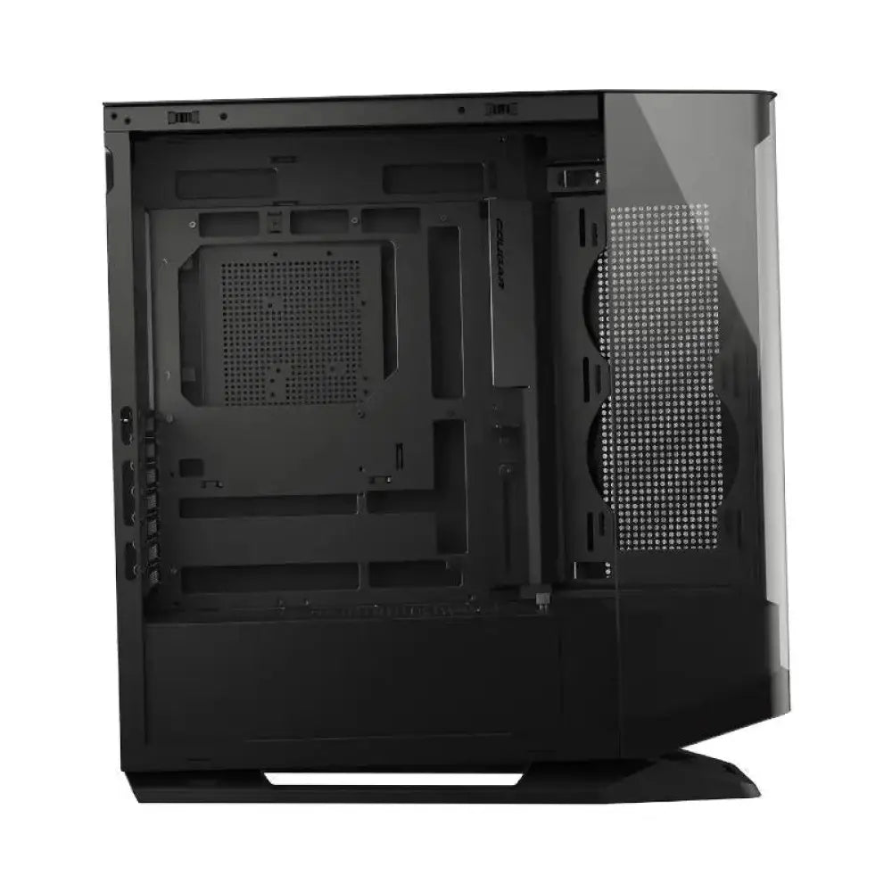 Gabinete semitorre Cougar FV270 RGB en negro, con ventiladores y iluminación LED para PC gaming y montaje de componentes.