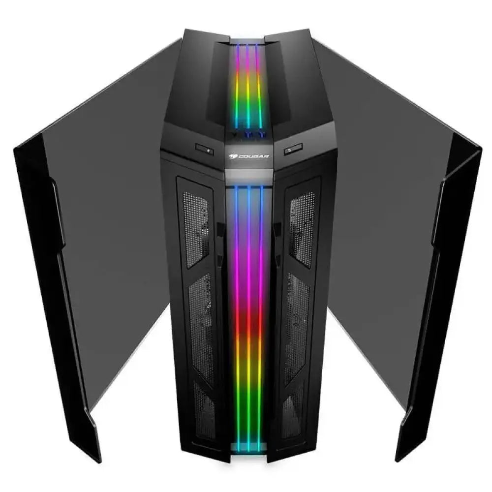 Gabinete semitorre Cougar GeminiPro con panel de cristal templado y diseño moderno para PC gaming y componentes.