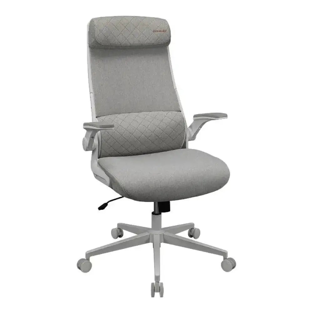 Silla gaming Cougar Stryder blanca con respaldo ergonómico y reposabrazos ajustables en una oficina moderna