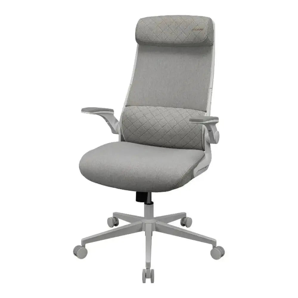 Silla gaming Cougar Stryder blanca con diseño ergonómico y soporte lumbar, ideal para largas sesiones de juego.