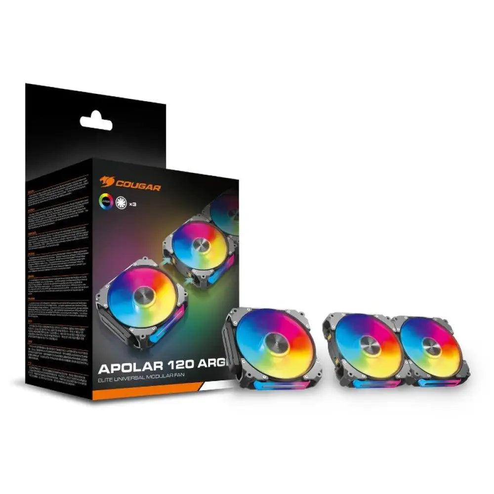 Tres ventiladores modulares Cougar Vent. Apolar 120 ARGB para refrigeración, con iluminación ARGB y diseño eficiente.