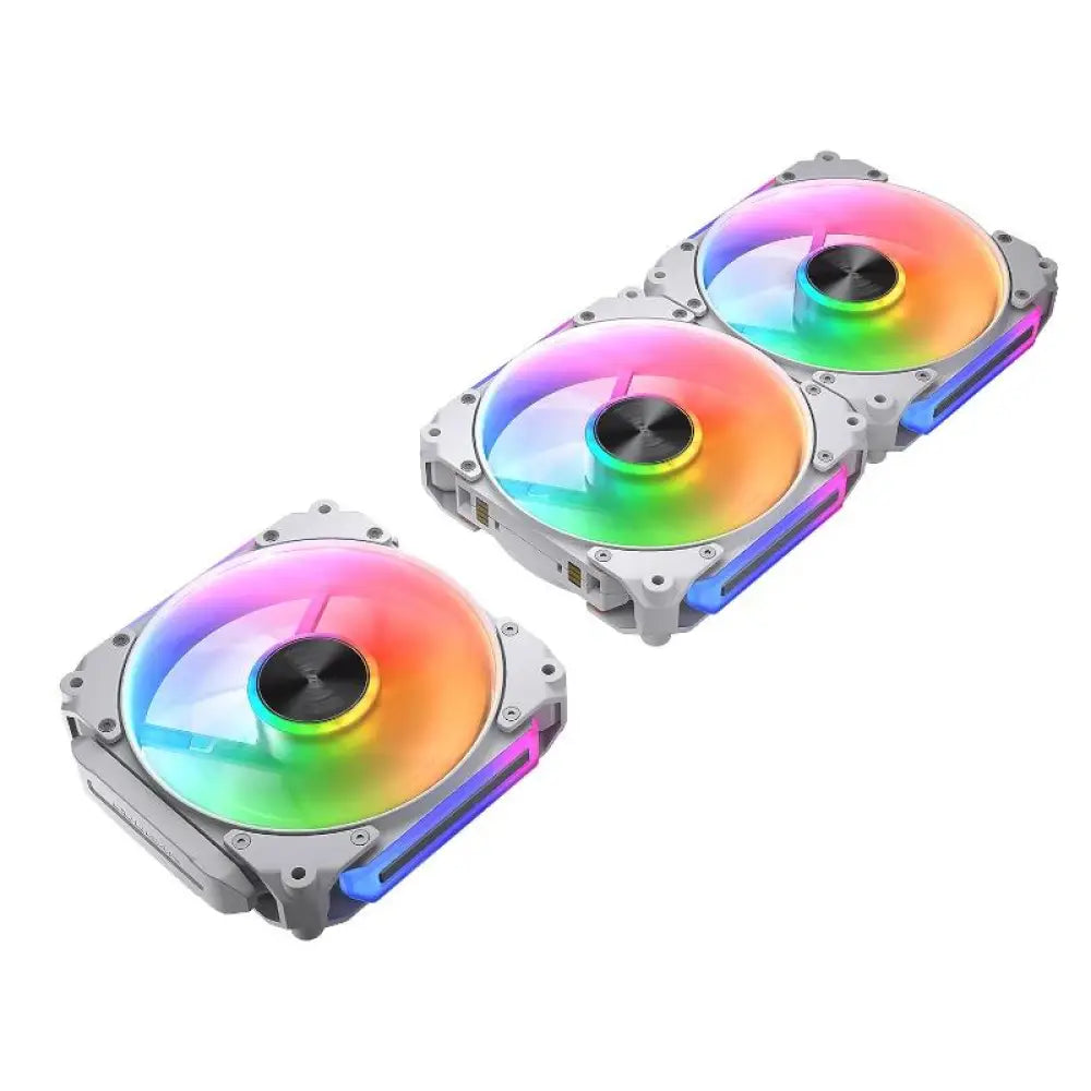 Tres ventiladores Cougar Vent. Modular Apolar 120 ARGB blancos para refrigeración de PC, con iluminación ARGB y diseño modular.