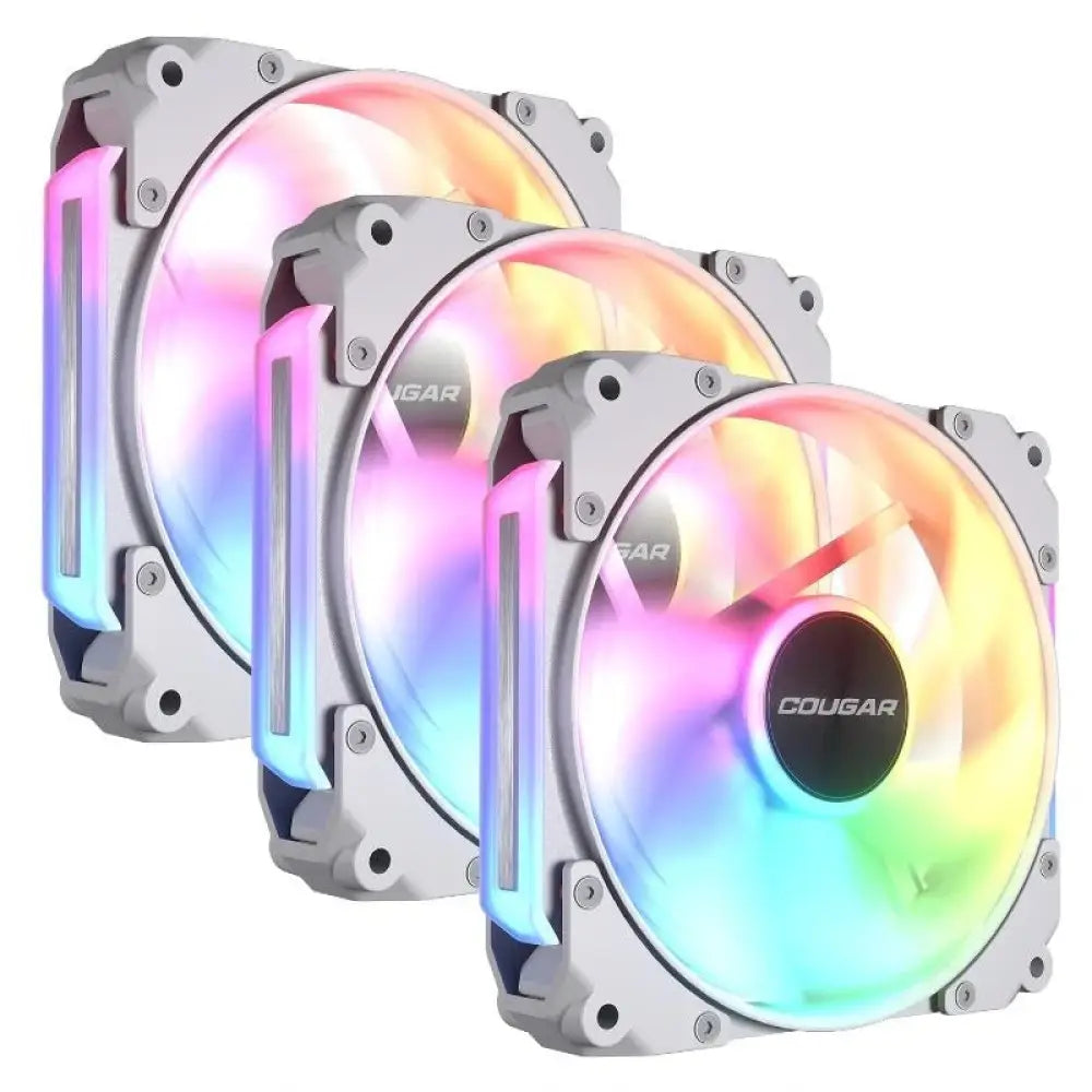 Tres ventiladores Cougar Vent. Modular Apolar 120 ARGB en color blanco, ideales para refrigeración de PC.