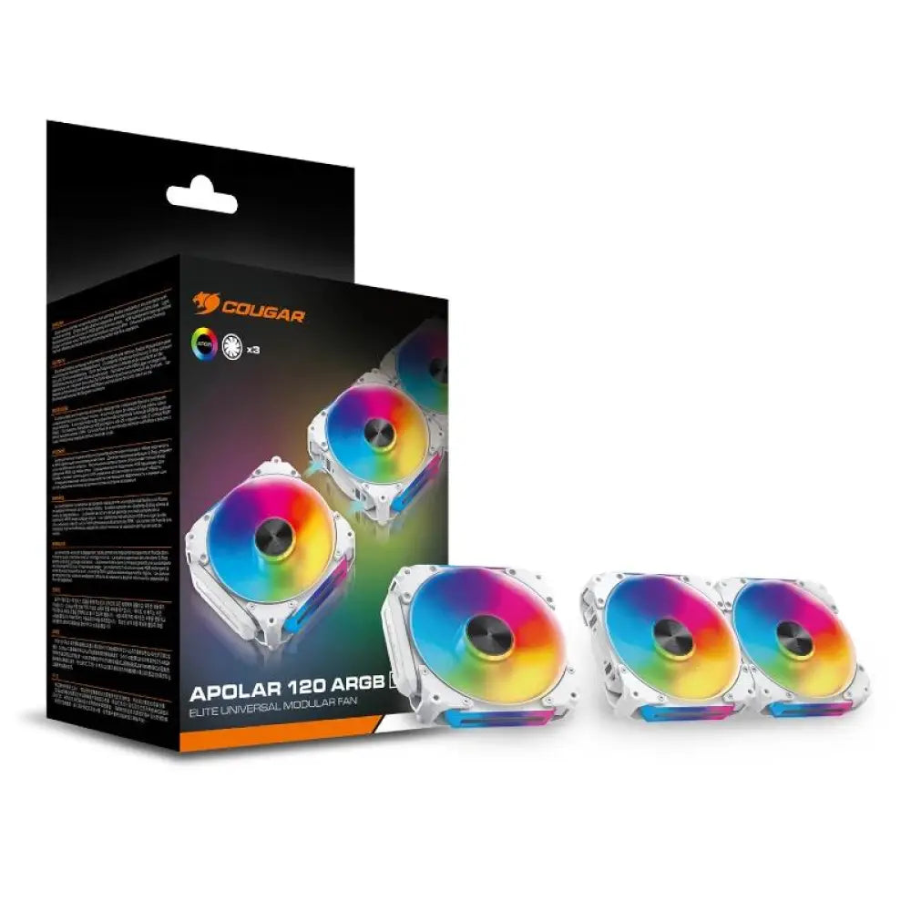 Tres ventiladores Cougar Vent. Modular Apolar 120 ARGB blancos para refrigeración, con iluminación ARGB en color blanco.