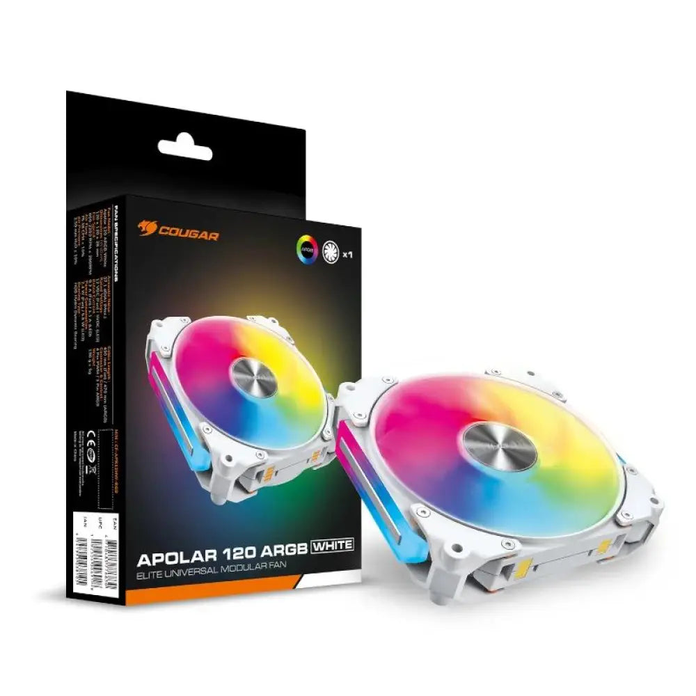 Ventilador modular Cougar Apolar 120 ARGB blanco para refrigeración, con iluminación RGB y diseño eficiente para PC.