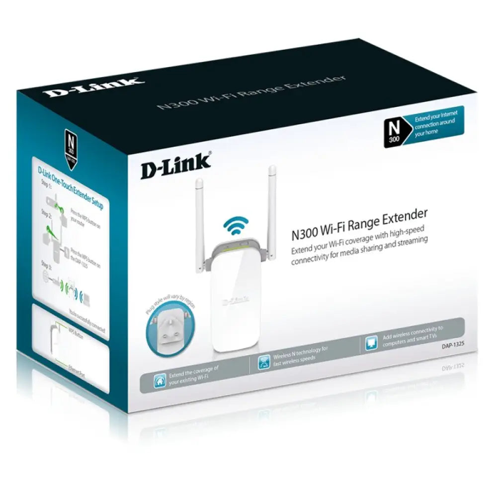 Punto de acceso repetidor D-Link DAP-1325 N300, dispositivo compacto con antenas para ampliar señal Wi-Fi.