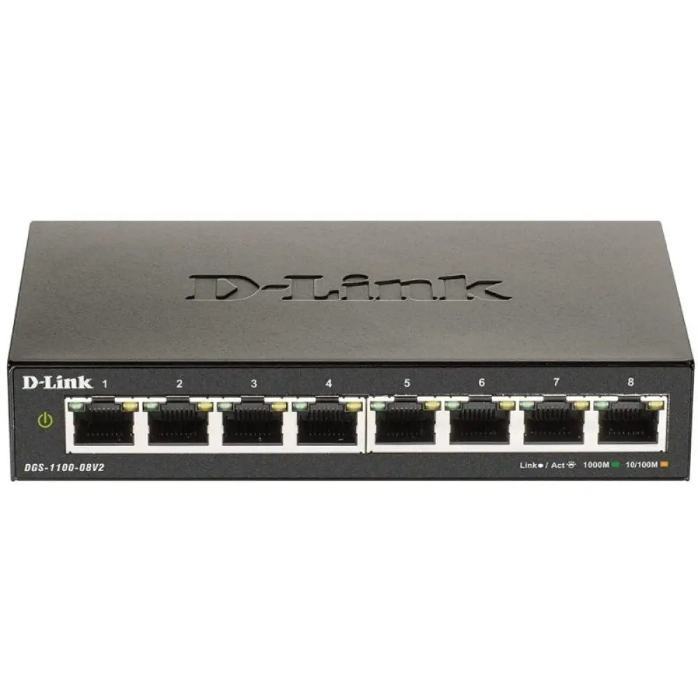 Interruptor de sobremesa D-Link DGS-1100-08V2/E con 8 puertos GbE y funciones L2 para redes empresariales.