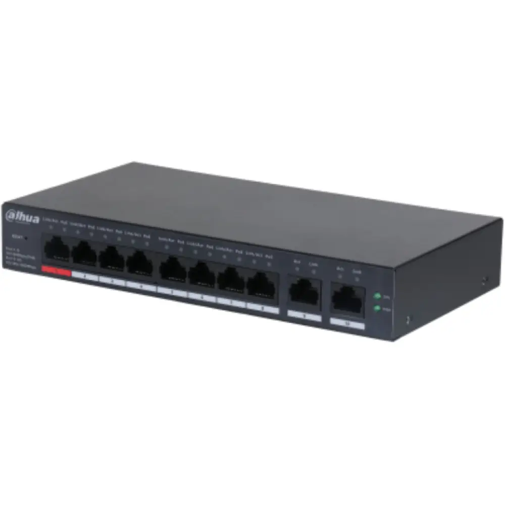 Interruptor gestionado Dahua DH-CS4010-8ET-110 con puertos Ethernet Fast Ethernet y energía PoE, color negro.
