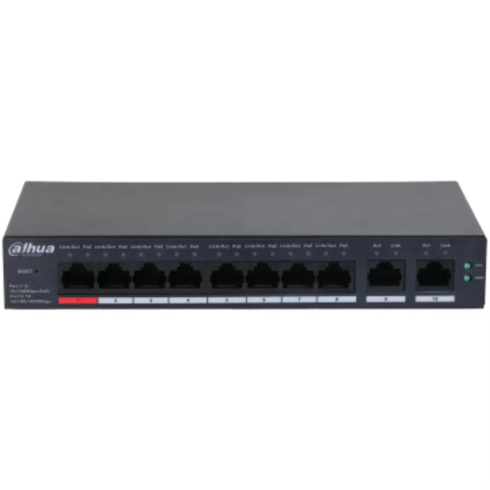 Interruptor gestionado Dahua DH-CS4010-8ET-110 con puertos Ethernet Fast y PoE en color negro.