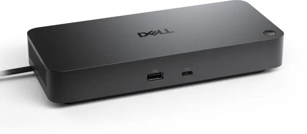 Replicador de puertos DELL WD25 con conexión USB-C, HDMI y otros puertos en color negro para estaciones de trabajo.