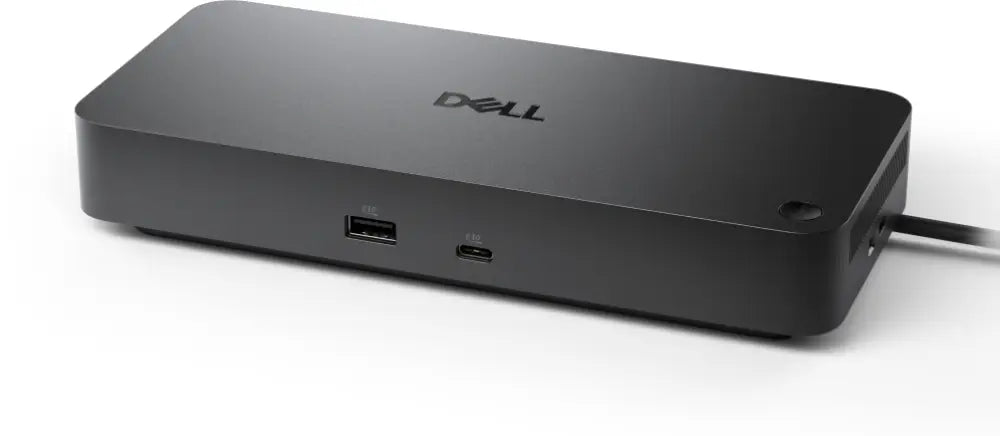 Replicador de puertos USB-C DELL WD25 negro, con conexión USB 3.2 Gen 2 para expandir puertos en computadoras.
