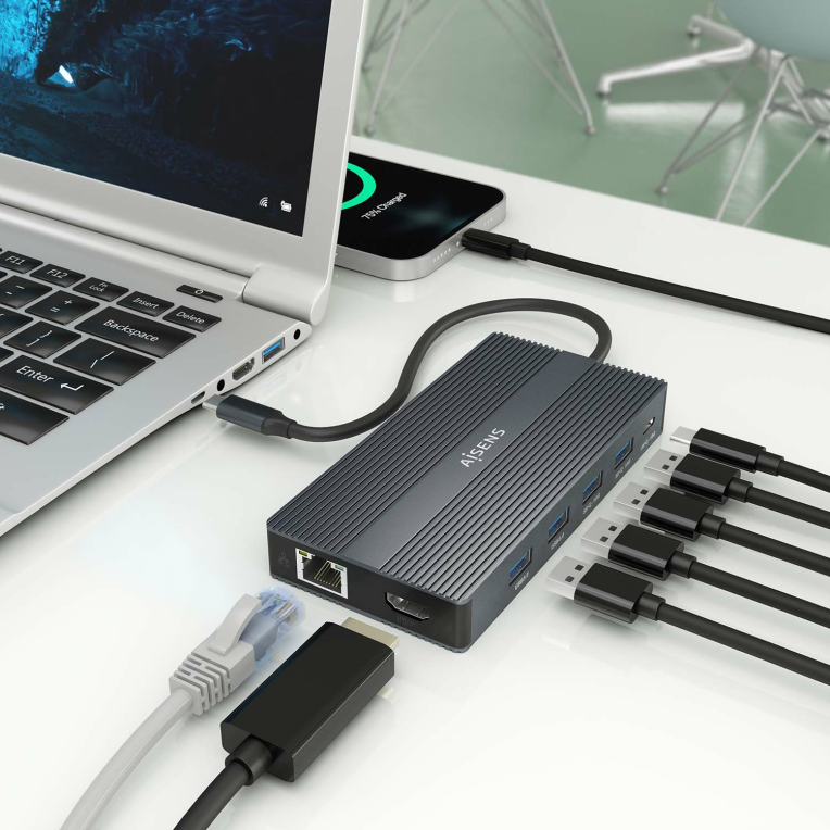 DOCK AISENS 12 EN 1 USB-C A 2xHDMI DP RJ45 4xUSB-A USB-C USB-C PD 20CM - detalle