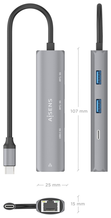 DOCK AISENS USB-C A ETHERNET GIGABIT HUB 1XUSB-C+2XUSB-A GRIS 15CM - detalle