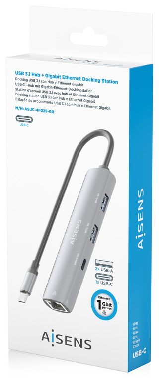 DOCK AISENS USB-C A ETHERNET GIGABIT HUB 1XUSB-C+2XUSB-A GRIS 15CM - detalle
