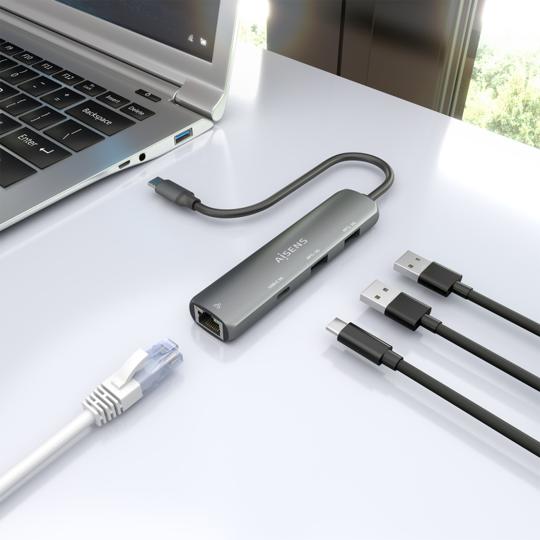 DOCK AISENS USB-C A ETHERNET GIGABIT HUB 1XUSB-C+2XUSB-A GRIS 15CM - detalle